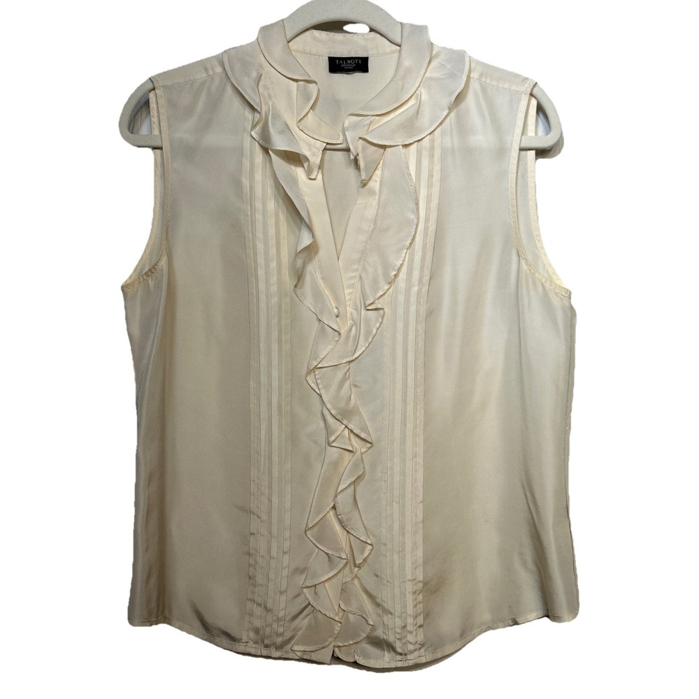 Talbots Silk Ruffle Collar Pleated Sleeveless‎ Blouse Ivory Cream Sz Petit Small